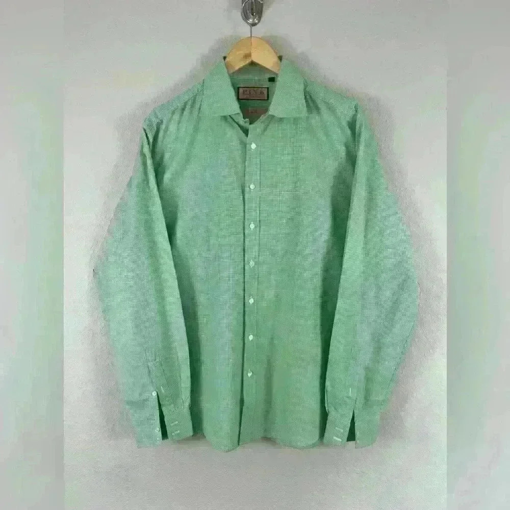 Pink-Thomas Pink Slim Fit Green/White Plaid Button Down Dress Shirt 42/16.5